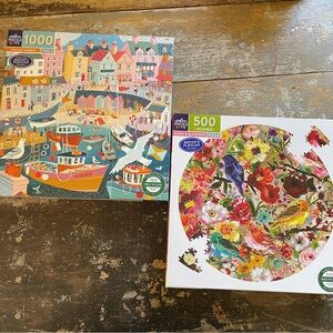 TWO colorful eeBoo puzzles featuring birds - 1000 piece + 500 piece round